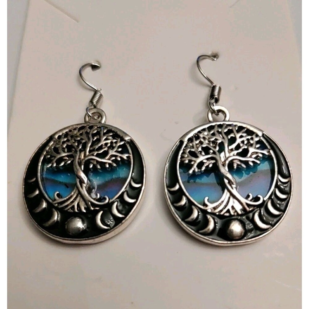 Silver Tone Tree of Life Disc Dangle Earrings